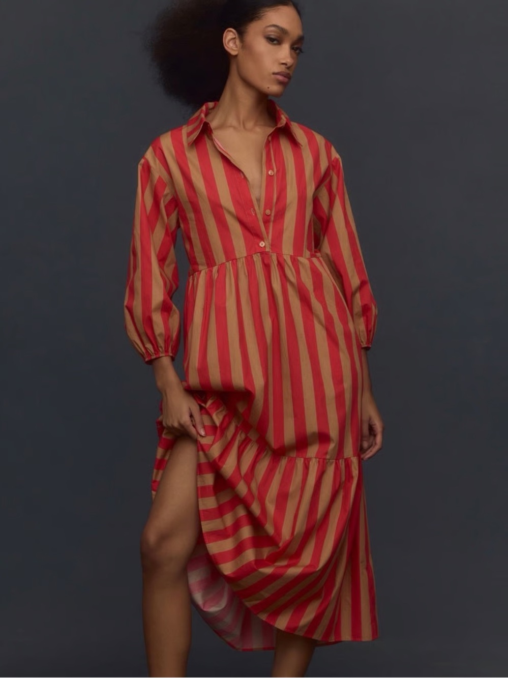 Anthropologie Maeve Bettina Shirt Dress Red Tan Brown Striped Maxi Cotton XL